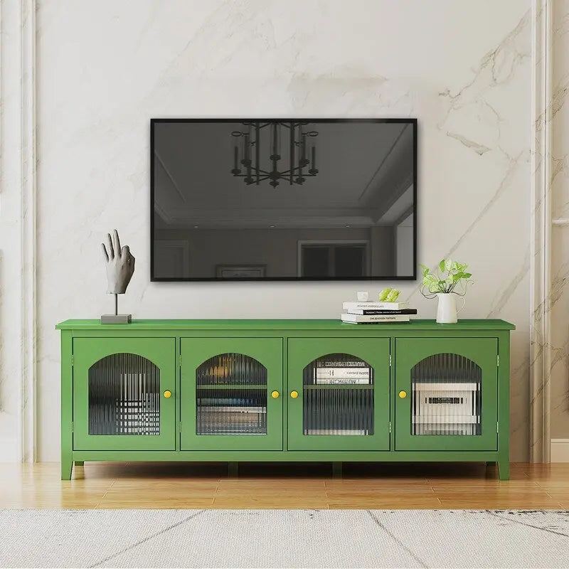 Meuble TV vintage vert français, buffet avec portes vitrées et étagères, meuble de rangement d'appoint pour bar à café