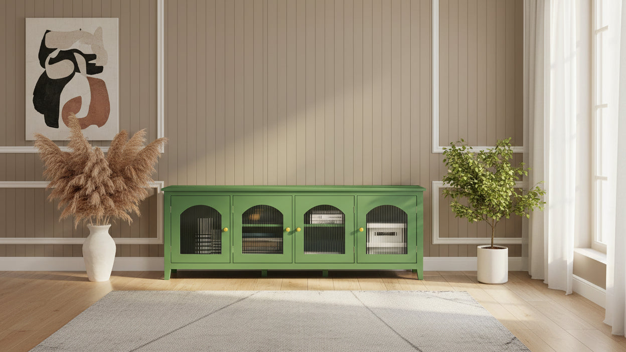 Vintage French Green TV Cabinet, Artist Home Sideboard Buffet with Glass Doors and Shelves, Accent Coffee Bar Storage Cabinet
