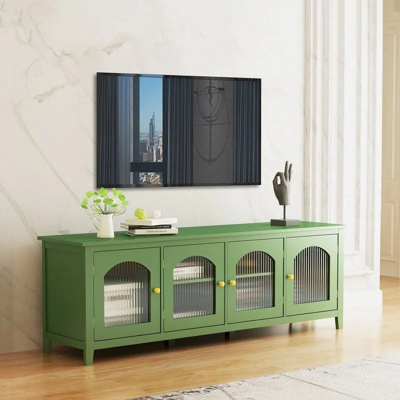 Meuble TV vintage vert français, buffet avec portes vitrées et étagères, meuble de rangement d'appoint pour bar à café