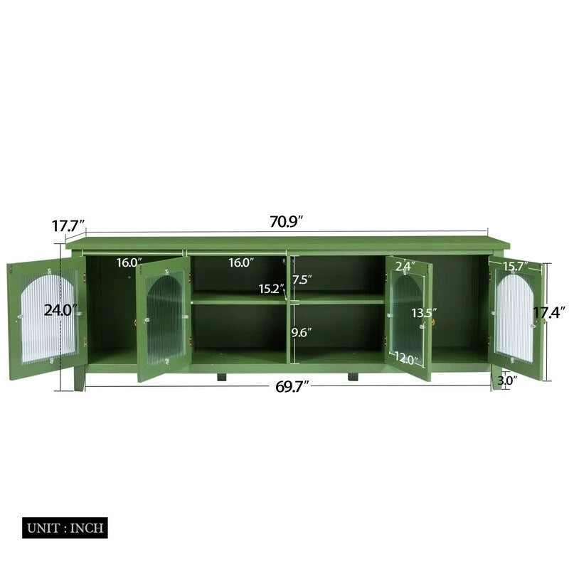 Meuble TV vintage vert français, buffet avec portes vitrées et étagères, meuble de rangement d'appoint pour bar à café