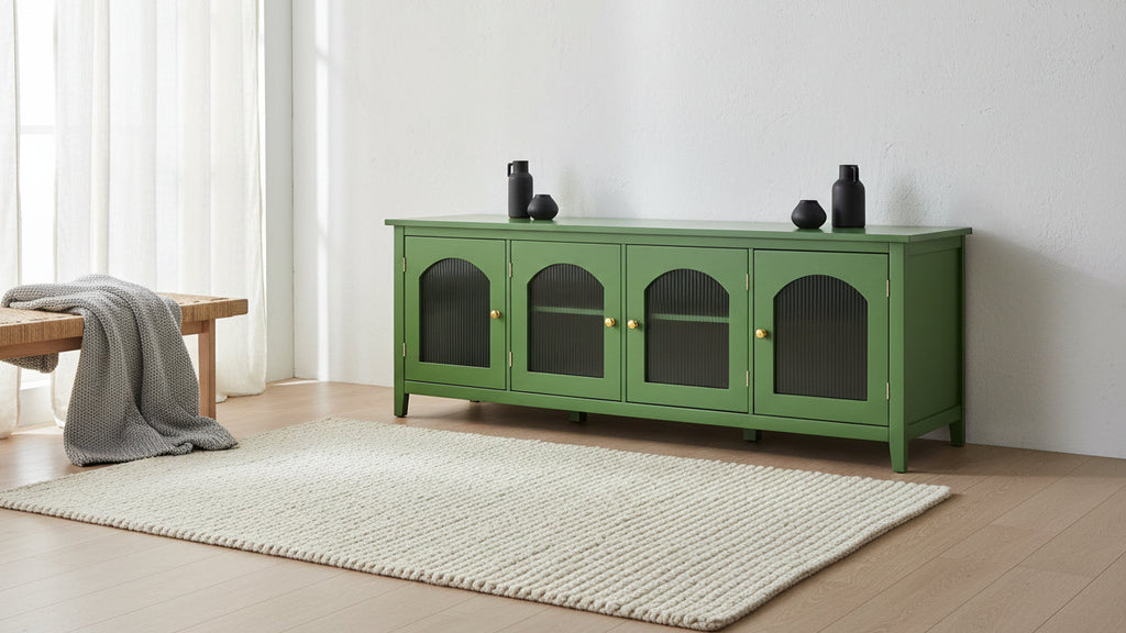 Meuble TV vintage vert français, buffet avec portes vitrées et étagères, meuble de rangement d'appoint pour bar à café