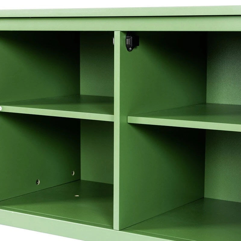 Meuble TV vintage vert français, buffet avec portes vitrées et étagères, meuble de rangement d'appoint pour bar à café