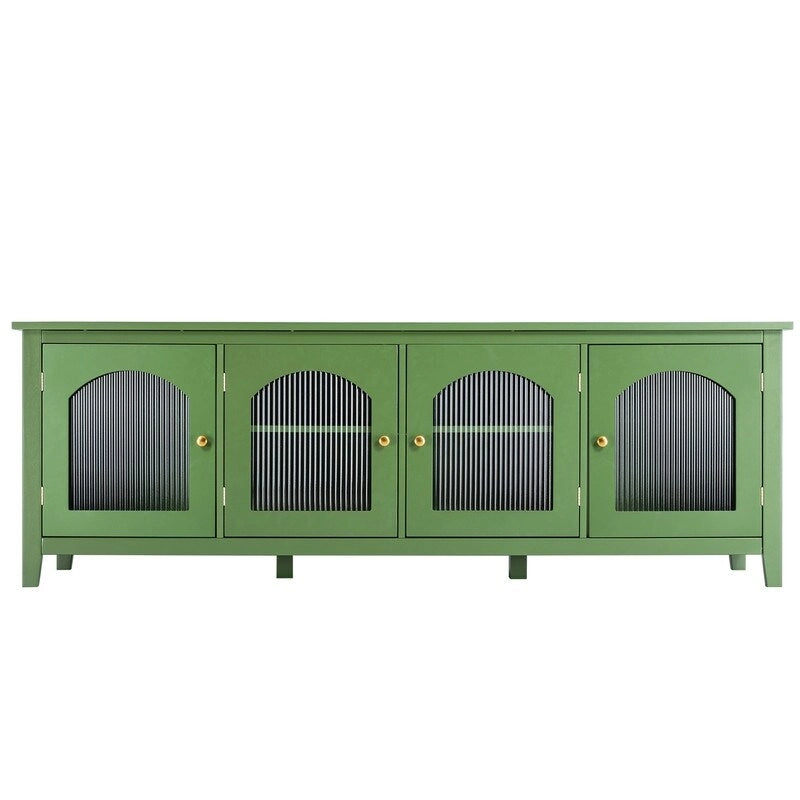 Meuble TV vintage vert français, buffet avec portes vitrées et étagères, meuble de rangement d'appoint pour bar à café