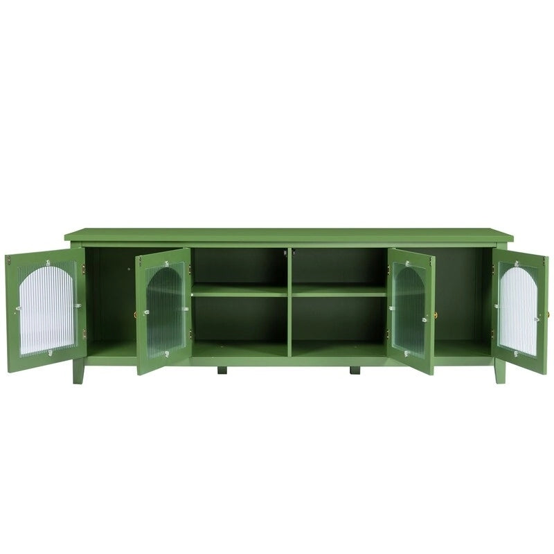 Meuble TV vintage vert français, buffet avec portes vitrées et étagères, meuble de rangement d'appoint pour bar à café