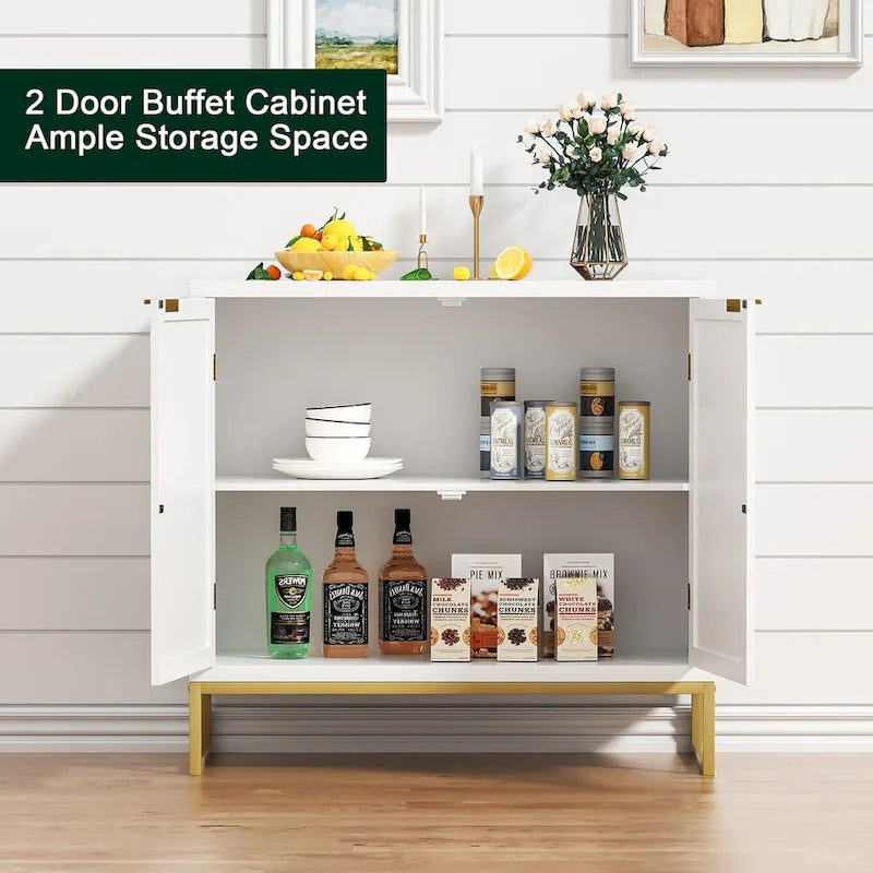 Buffet-Vaisselier Moderne 2 Portes Blanc Rotin Meuble de Rangement d'Appoint Cuisine en Bois