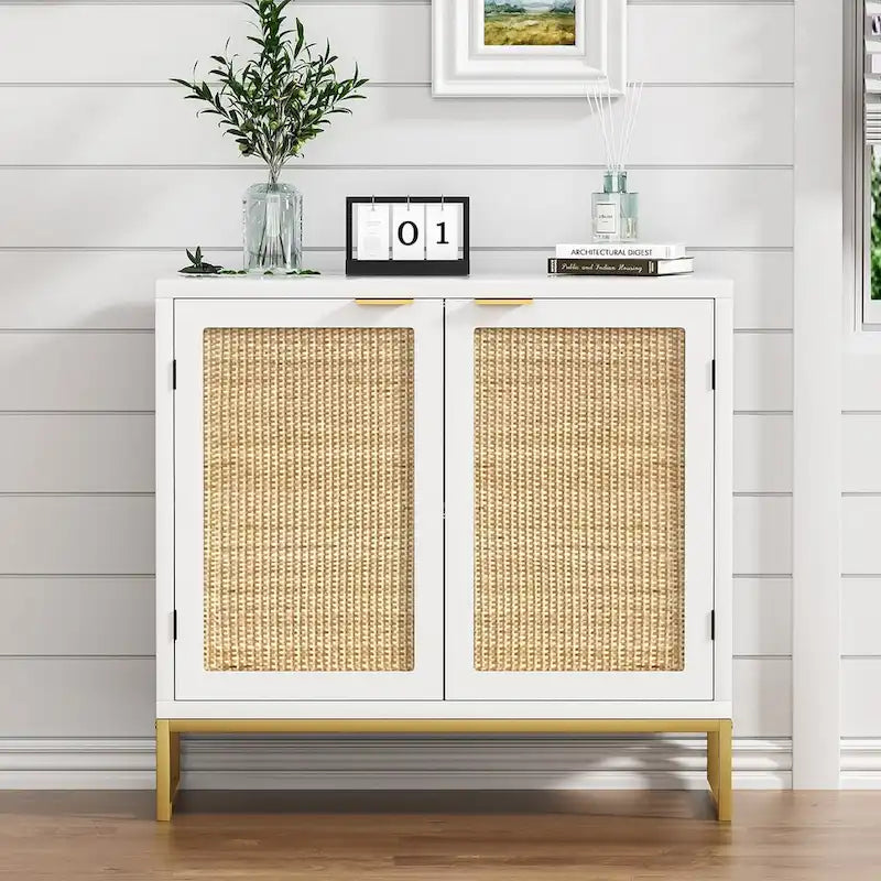 Buffet-Vaisselier Moderne 2 Portes Blanc Rotin Meuble de Rangement d'Appoint Cuisine en Bois