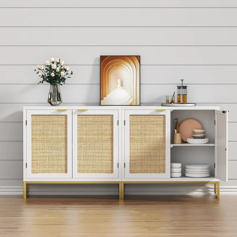 Buffet-Vaisselier Moderne 2 Portes Blanc Rotin Meuble de Rangement d'Appoint Cuisine en Bois