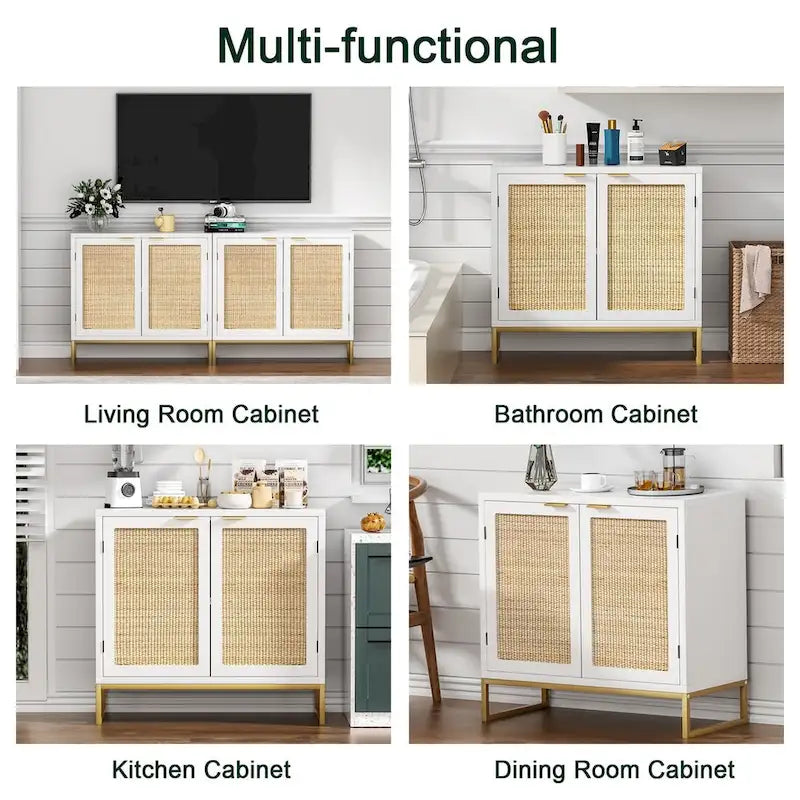 Buffet-Vaisselier Moderne 2 Portes Blanc Rotin Meuble de Rangement d'Appoint Cuisine en Bois