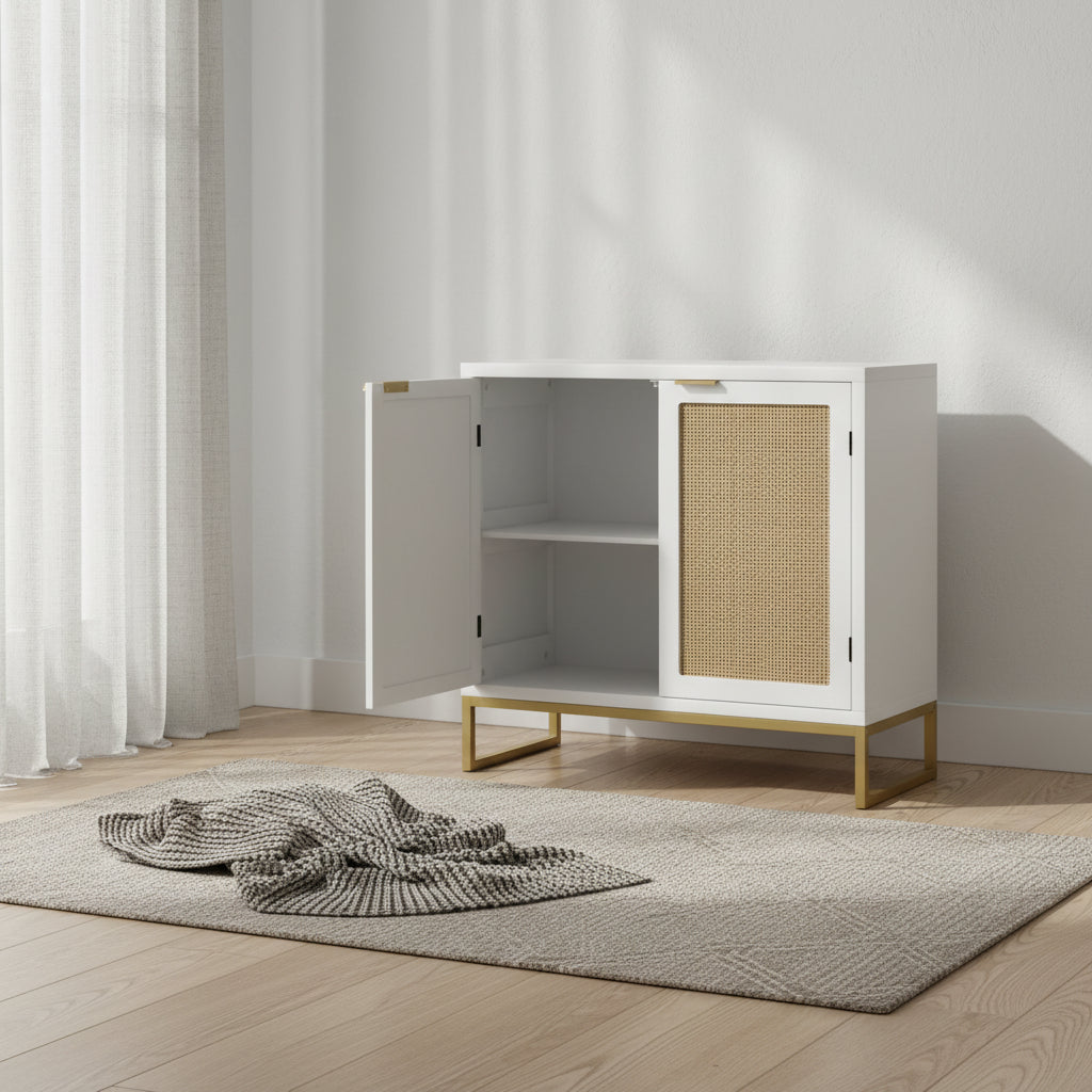 Buffet-Vaisselier Moderne 2 Portes Blanc Rotin Meuble de Rangement d'Appoint Cuisine en Bois