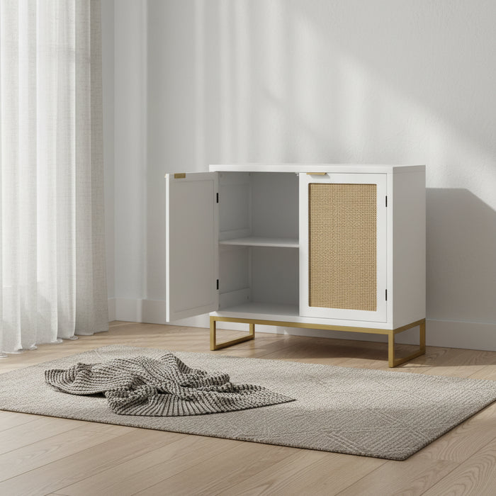 Modern 2-Door White Rattan Buffet Sideboard Wood Kitchen Accent Storage Cabinet