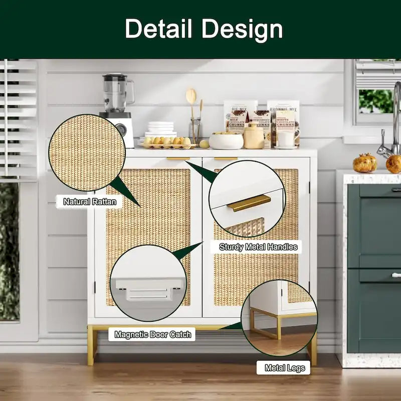 Buffet-Vaisselier Moderne 2 Portes Blanc Rotin Meuble de Rangement d'Appoint Cuisine en Bois
