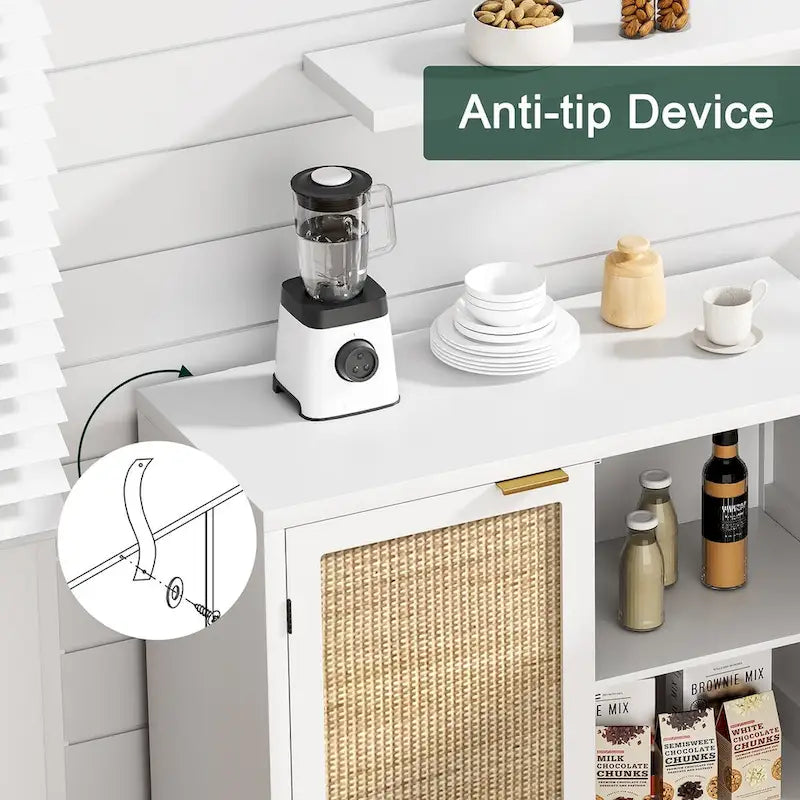 Buffet-Vaisselier Moderne 2 Portes Blanc Rotin Meuble de Rangement d'Appoint Cuisine en Bois
