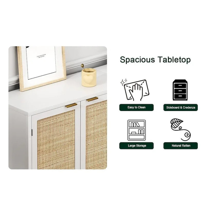 Buffet-Vaisselier Moderne 2 Portes Blanc Rotin Meuble de Rangement d'Appoint Cuisine en Bois
