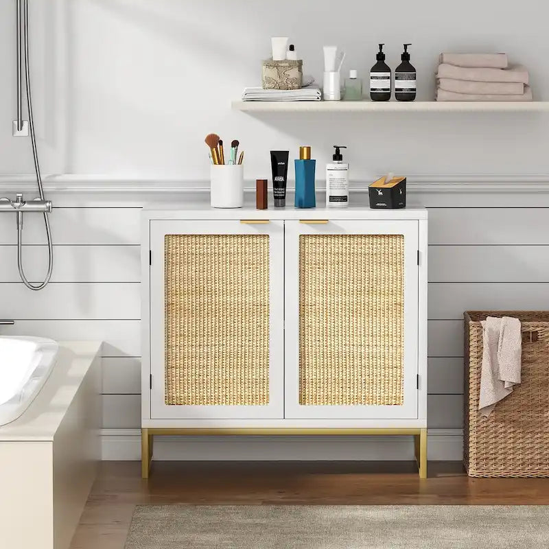Buffet-Vaisselier Moderne 2 Portes Blanc Rotin Meuble de Rangement d'Appoint Cuisine en Bois