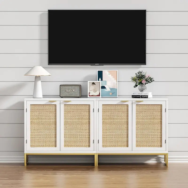 Buffet-Vaisselier Moderne 2 Portes Blanc Rotin Meuble de Rangement d'Appoint Cuisine en Bois