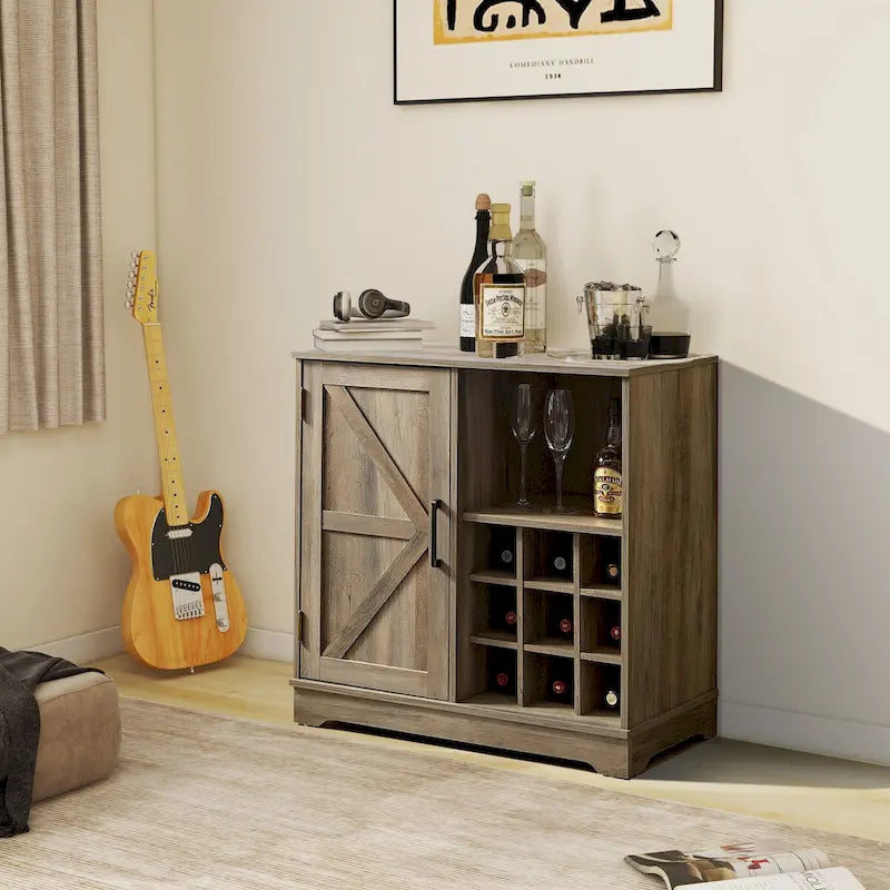Meuble de rangement pour buffet de style porte de grange avec casier à vin