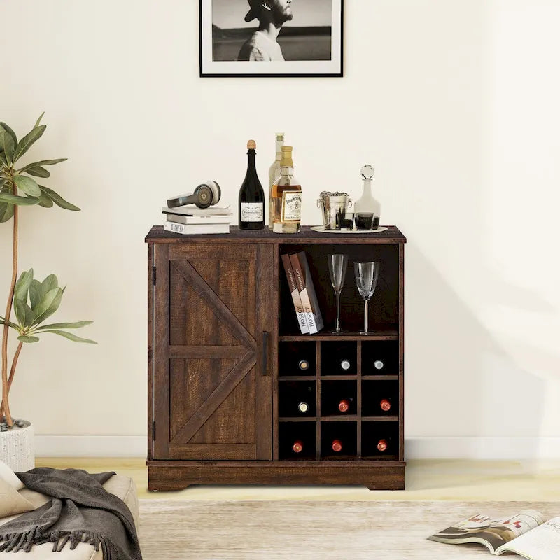 Meuble de rangement pour buffet de style porte de grange avec casier à vin