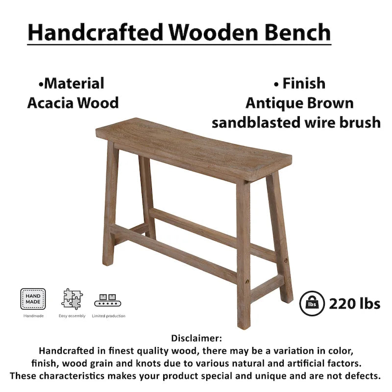 Banc de selle de 33 pouces avec cadre incliné, bois d'acacia brun antique sablé