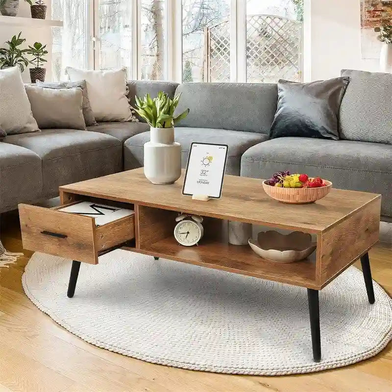 Table basse/meuble TV de style moderne du milieu du siècle avec tiroir – 41,3P x 21,7L x 17,7H