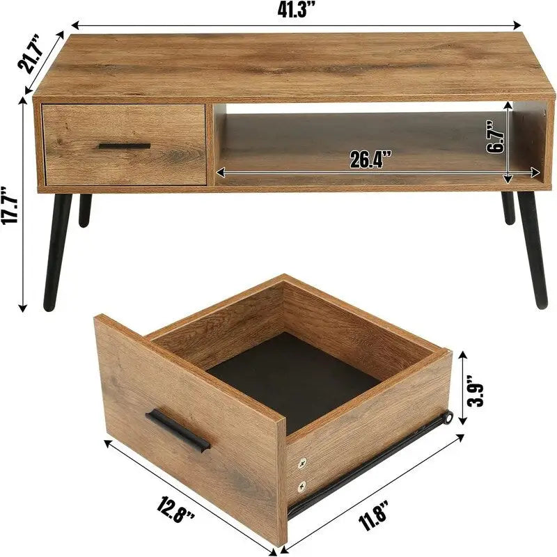 Table basse/meuble TV de style moderne du milieu du siècle avec tiroir – 41,3P x 21,7L x 17,7H