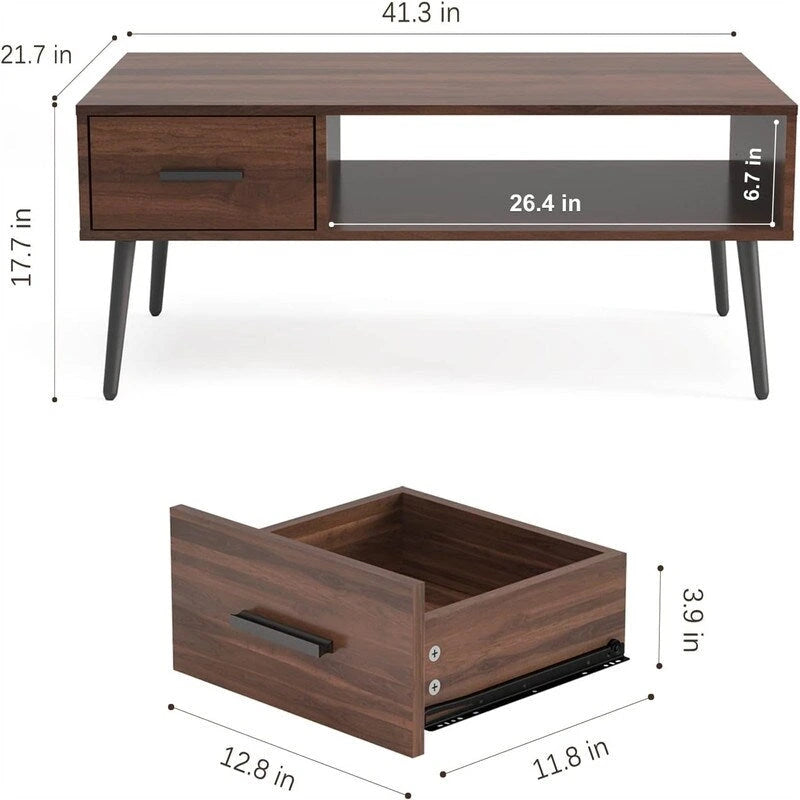 Table basse/meuble TV de style moderne du milieu du siècle avec tiroir – 41,3P x 21,7L x 17,7H