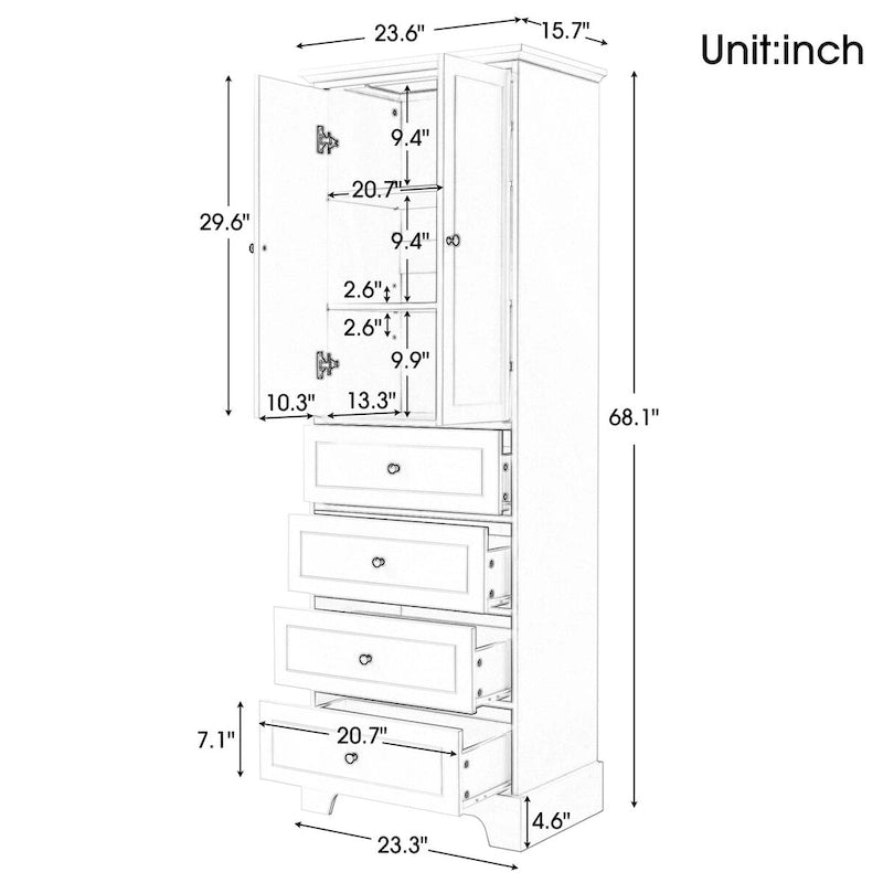 Armoire à linge de 60 cm L x 40 cm P x 173 cm H avec 2 portes et 4 tiroirs