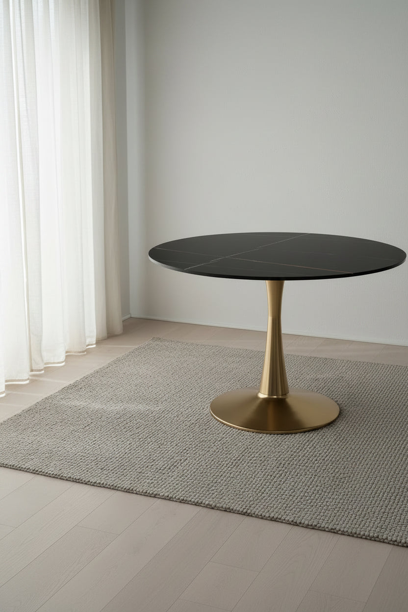 LeisureMod Round Dining Table 40 Sintered Stone Tabletop in Gold Steel Bistro Series