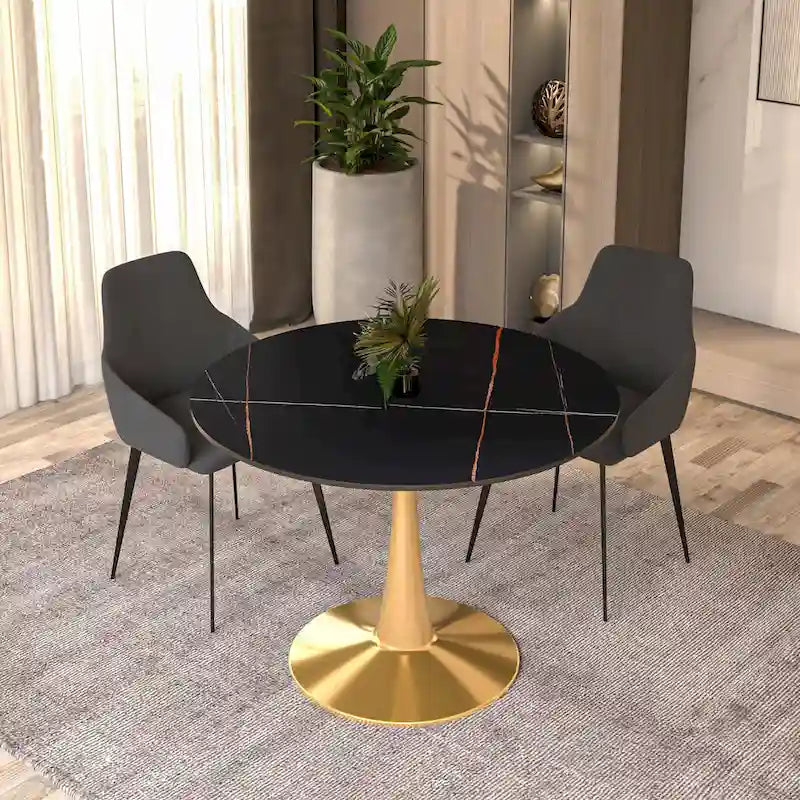 Table à manger ronde 40'' Plateau en pierre frittée en acier doré
