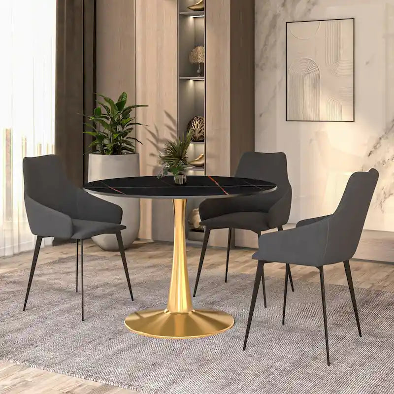 Table à manger ronde 40'' Plateau en pierre frittée en acier doré