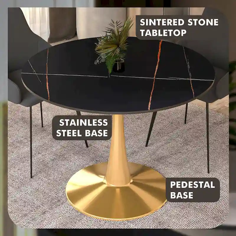 Table à manger ronde 40'' Plateau en pierre frittée en acier doré