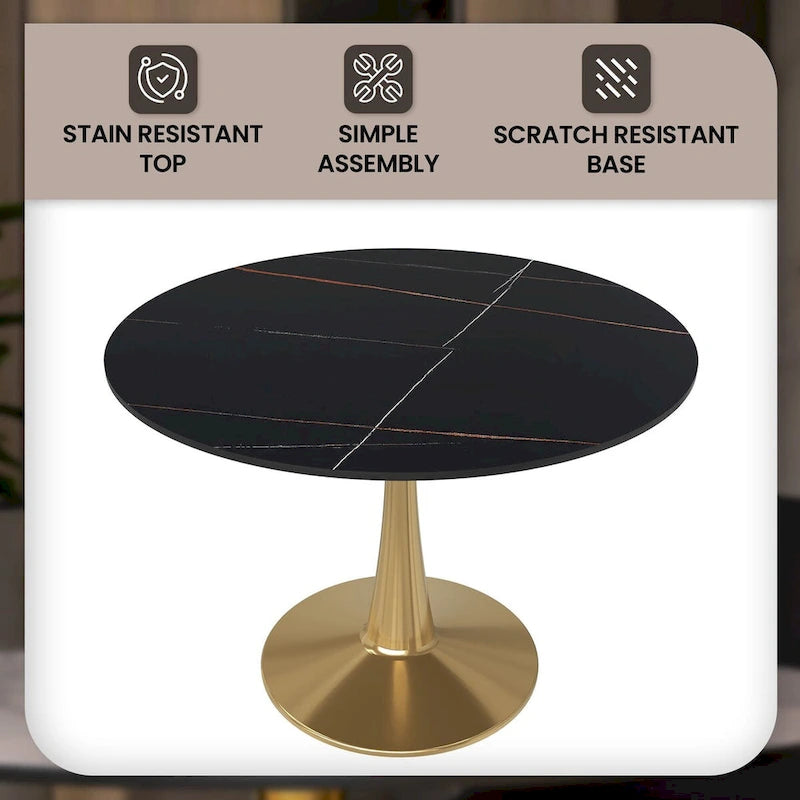 Table à manger ronde 40'' Plateau en pierre frittée en acier doré
