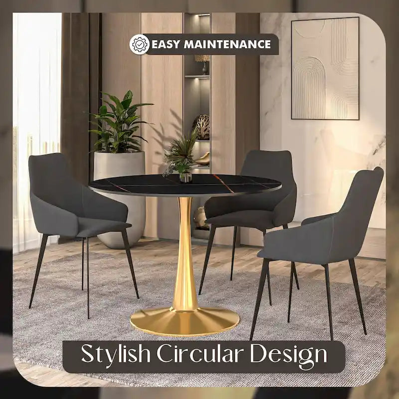 Table à manger ronde 40'' Plateau en pierre frittée en acier doré