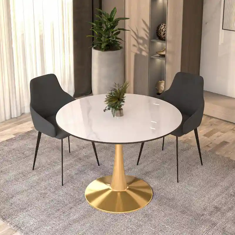 Table à manger ronde 40'' Plateau en pierre frittée en acier doré