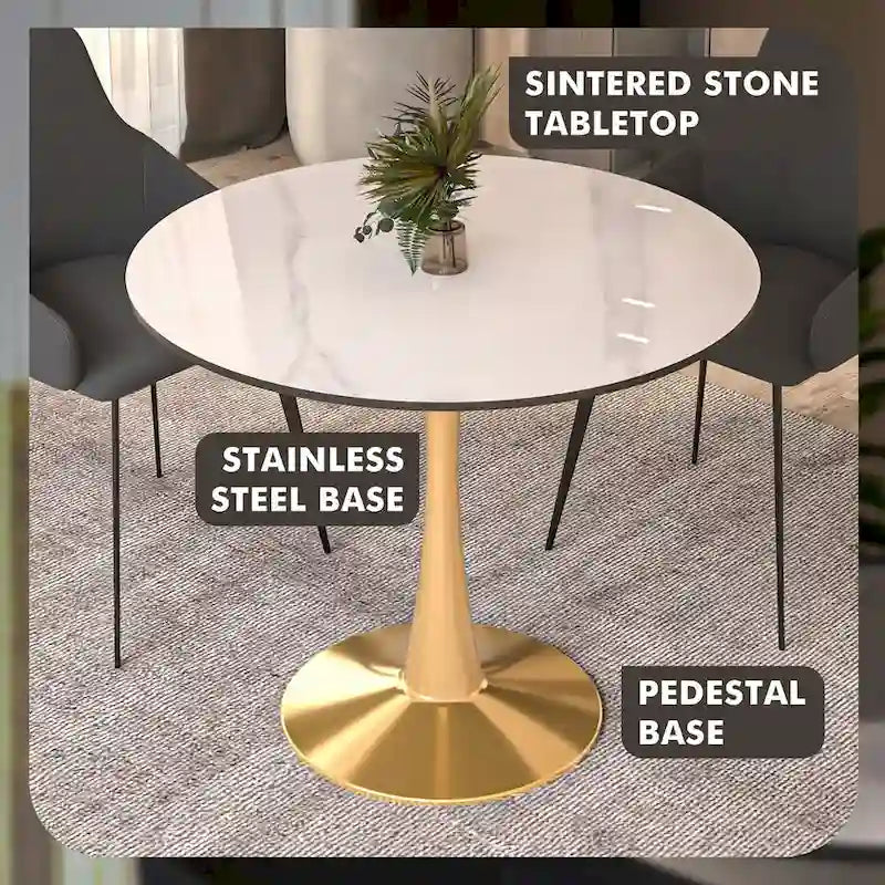 Table à manger ronde 40'' Plateau en pierre frittée en acier doré