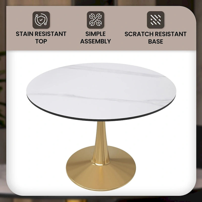 Table à manger ronde 40'' Plateau en pierre frittée en acier doré