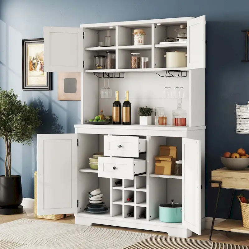 Meuble de bar de cuisine avec rangement, meuble à vin de ferme avec tiroirs, étagères et armoires, meuble de buffet avec porte-bouteilles et porte-verres