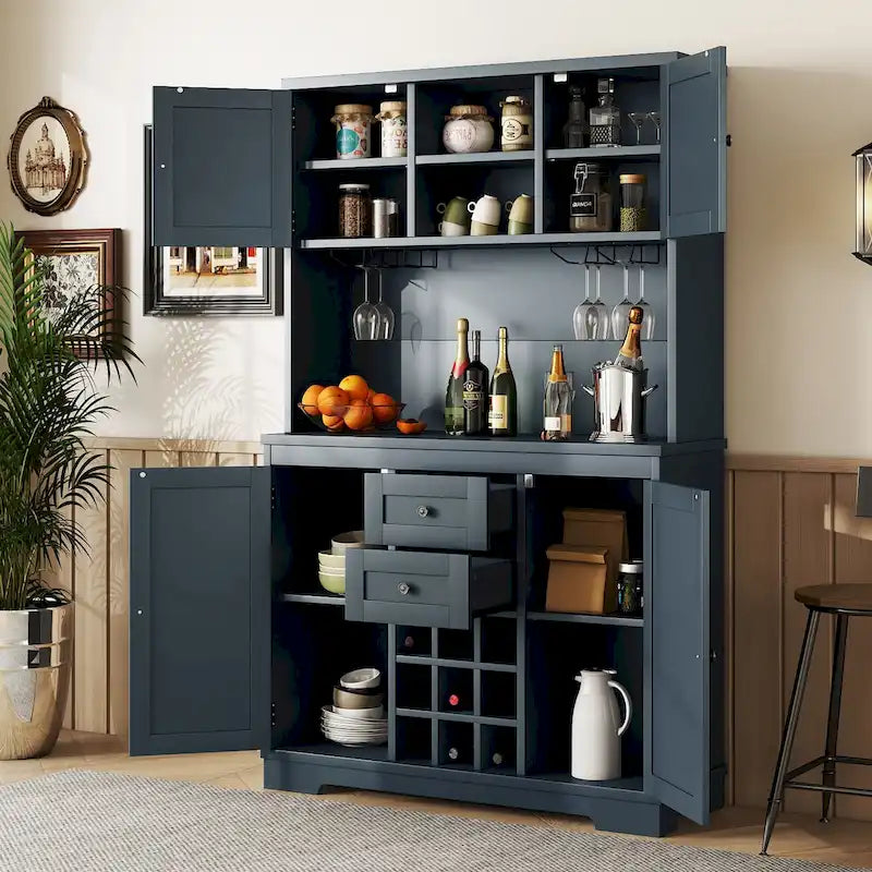 Meuble de bar de cuisine avec rangement, meuble à vin de ferme avec tiroirs, étagères et armoires, meuble de buffet avec porte-bouteilles et porte-verres