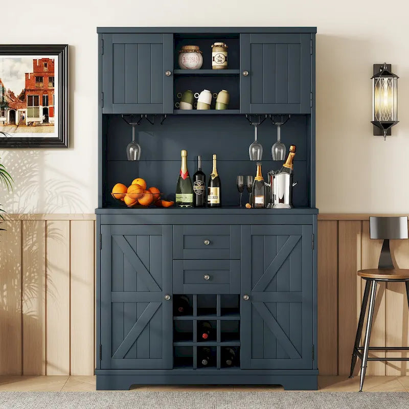 Meuble de bar de cuisine avec rangement, meuble à vin de ferme avec tiroirs, étagères et armoires, meuble de buffet avec porte-bouteilles et porte-verres