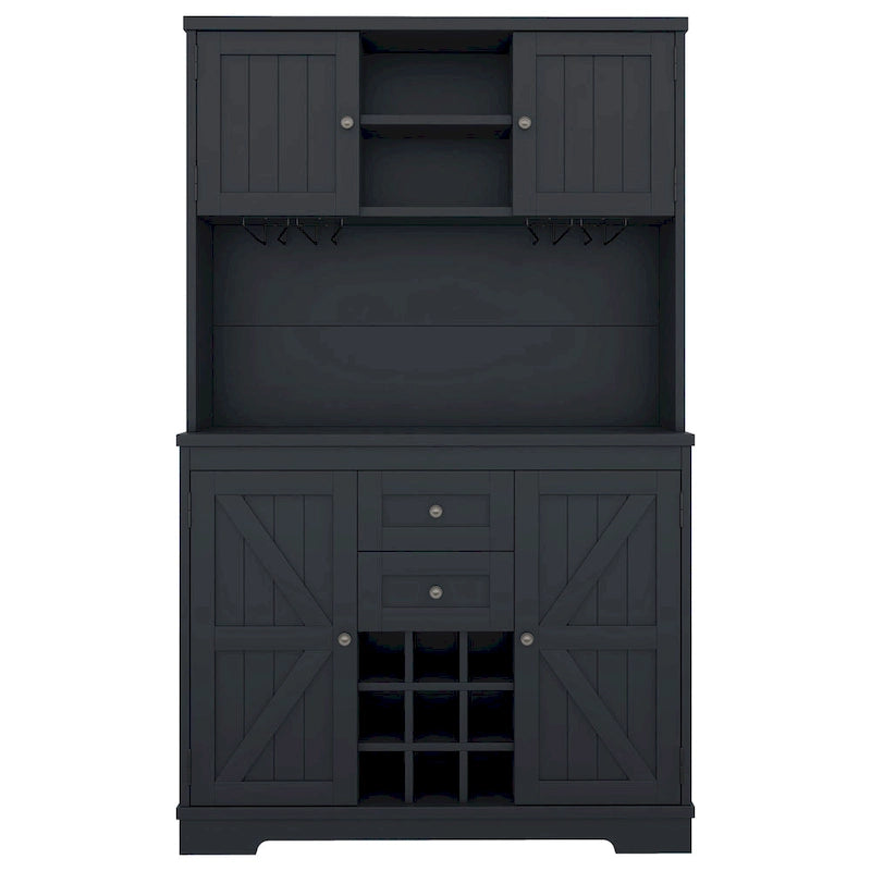 Meuble de bar de cuisine avec rangement, meuble à vin de ferme avec tiroirs, étagères et armoires, meuble de buffet avec porte-bouteilles et porte-verres