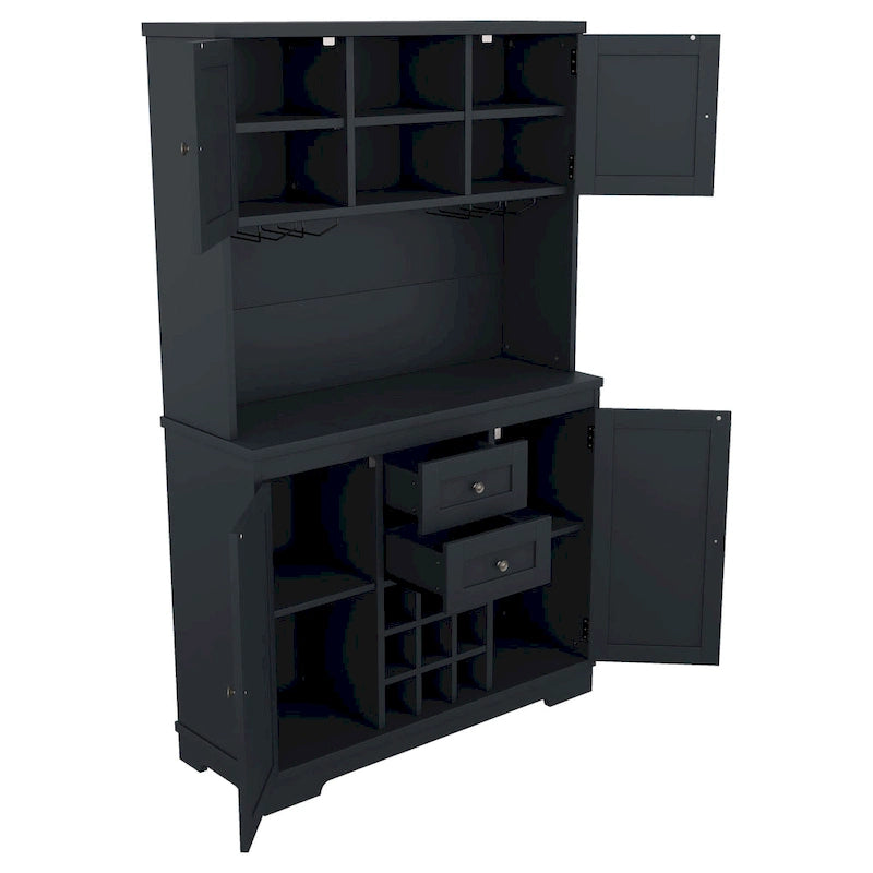 Meuble de bar de cuisine avec rangement, meuble à vin de ferme avec tiroirs, étagères et armoires, meuble de buffet avec porte-bouteilles et porte-verres