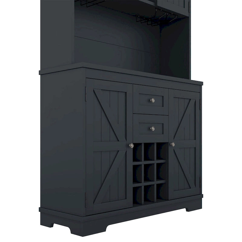 Meuble de bar de cuisine avec rangement, meuble à vin de ferme avec tiroirs, étagères et armoires, meuble de buffet avec porte-bouteilles et porte-verres