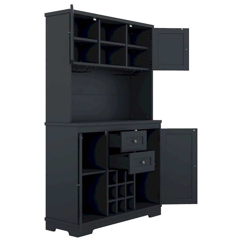 Meuble de bar de cuisine avec rangement, meuble à vin de ferme avec tiroirs, étagères et armoires, meuble de buffet avec porte-bouteilles et porte-verres