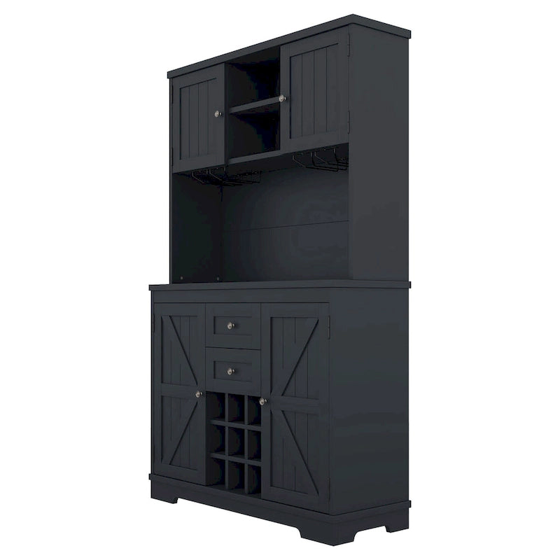 Meuble de bar de cuisine avec rangement, meuble à vin de ferme avec tiroirs, étagères et armoires, meuble de buffet avec porte-bouteilles et porte-verres