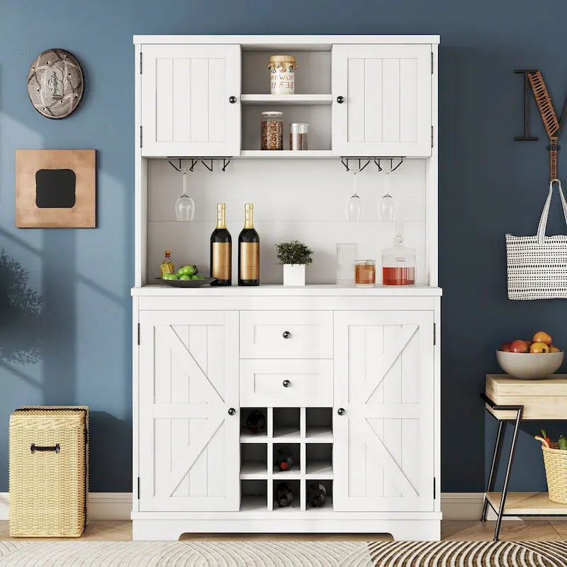 Meuble de bar de cuisine avec rangement, meuble à vin de ferme avec tiroirs, étagères et armoires, meuble de buffet avec porte-bouteilles et porte-verres