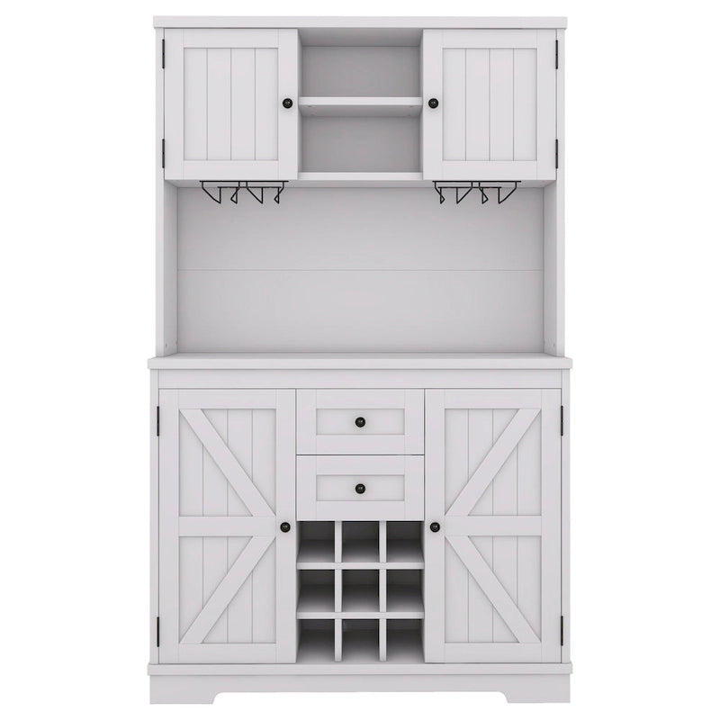Meuble de bar de cuisine avec rangement, meuble à vin de ferme avec tiroirs, étagères et armoires, meuble de buffet avec porte-bouteilles et porte-verres