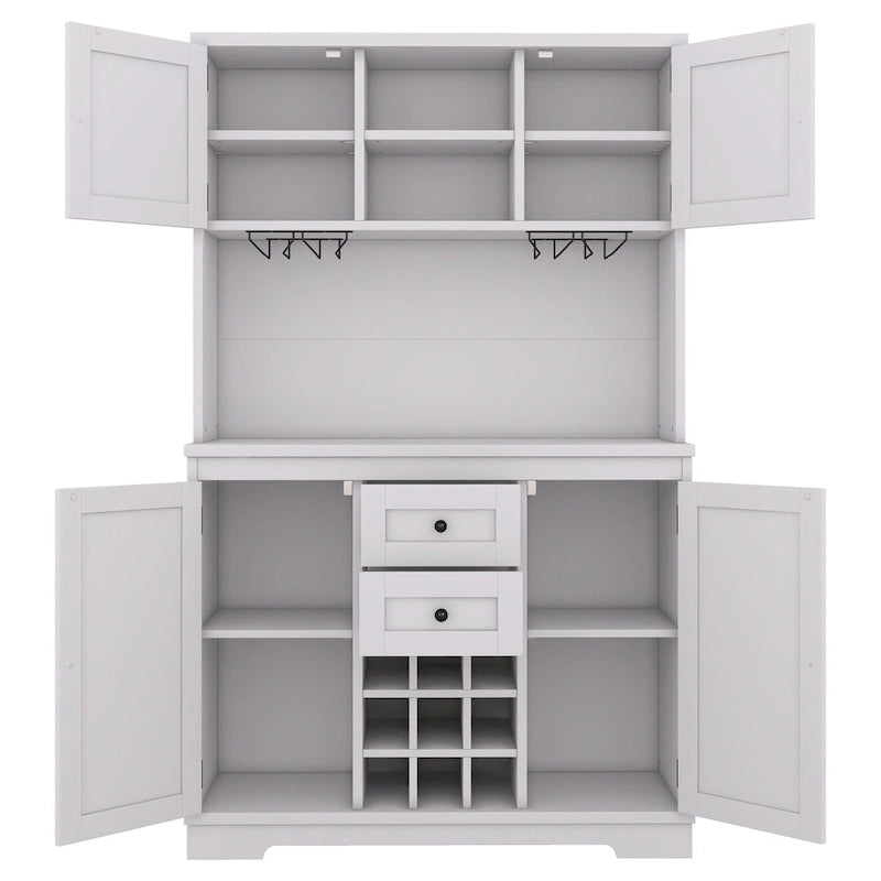 Meuble de bar de cuisine avec rangement, meuble à vin de ferme avec tiroirs, étagères et armoires, meuble de buffet avec porte-bouteilles et porte-verres