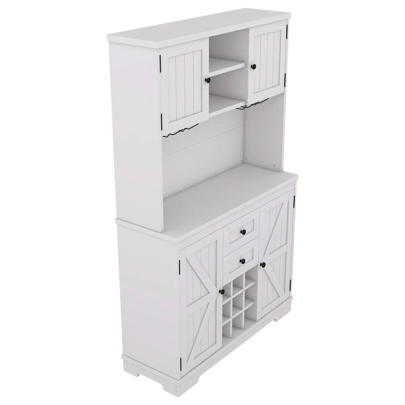Meuble de bar de cuisine avec rangement, meuble à vin de ferme avec tiroirs, étagères et armoires, meuble de buffet avec porte-bouteilles et porte-verres