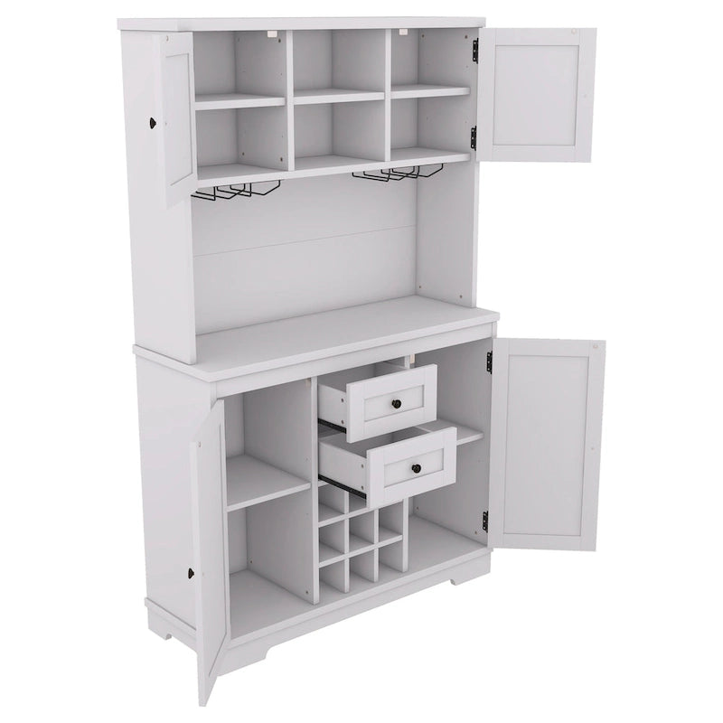 Meuble de bar de cuisine avec rangement, meuble à vin de ferme avec tiroirs, étagères et armoires, meuble de buffet avec porte-bouteilles et porte-verres