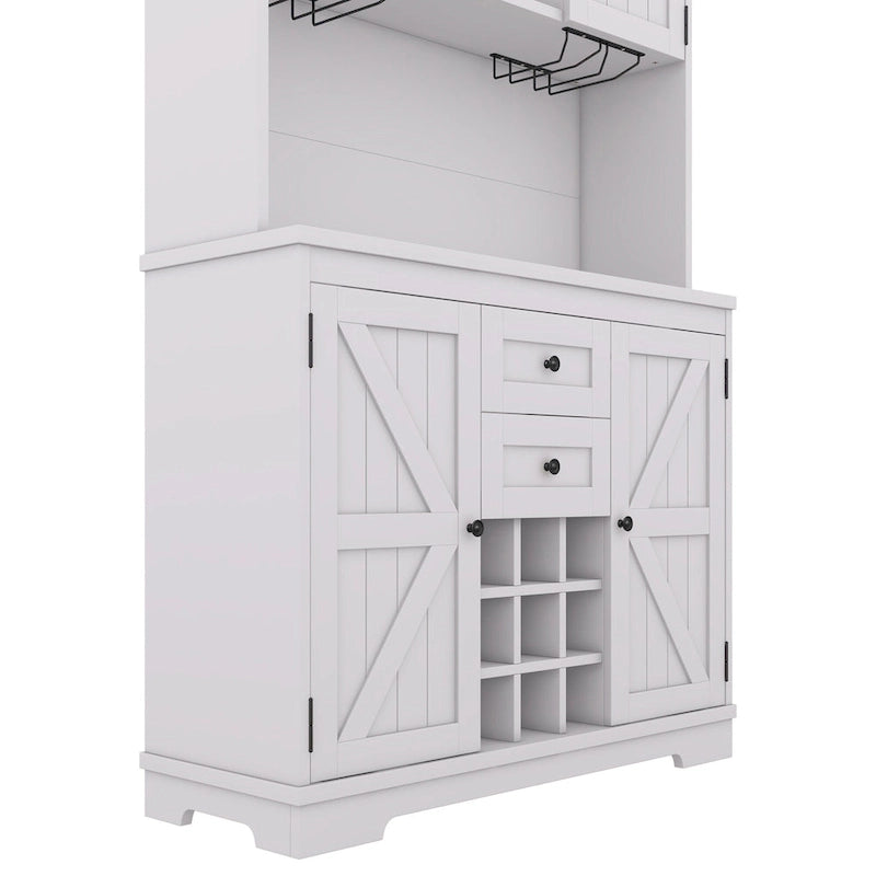 Meuble de bar de cuisine avec rangement, meuble à vin de ferme avec tiroirs, étagères et armoires, meuble de buffet avec porte-bouteilles et porte-verres