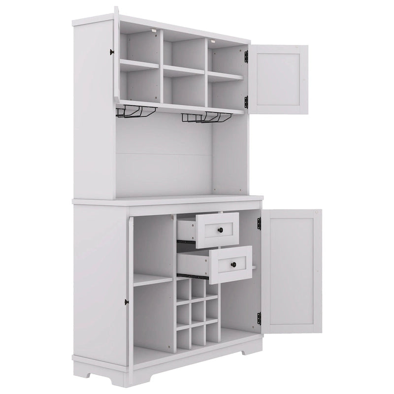 Meuble de bar de cuisine avec rangement, meuble à vin de ferme avec tiroirs, étagères et armoires, meuble de buffet avec porte-bouteilles et porte-verres